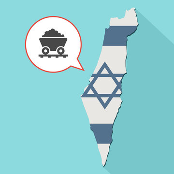 Animation of a long shadow Israel map with its flag and a comic balloon with a mining trolley