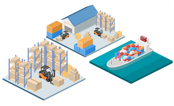 isometric interior of warehouse. The boxes are on the shelves.
