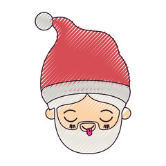 santa claus kawaii face eyes closed and tongue out expression with christmas hat on color crayon silhouette on white background