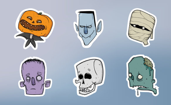 Halloween sticker pack. Zombie, skeleton, mummy, pumpkin and other scary characters. Vector illustration set