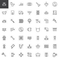 Plumbing line icons set, outline vector symbol collection, linear style pictogram pack. Signs, logo illustration. Set includes icons as valve, toilet, plumber, pipes, bathtub, wrench, washer machine
