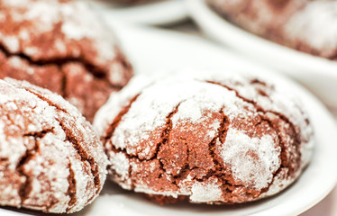 Round cookies stack on a white plate, powder sugar
