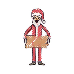 santa claus caricature full body holding a wooden piece with hat and costume on color crayon silhouette on white background