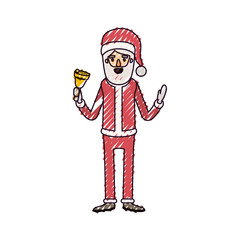 santa claus caricature full body holding a bell with hat and costume on color crayon silhouette on white background