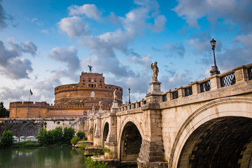 Rome, Italy - September 2, 2017: View of the Angel castle with the Angel bridge at the Tiber in Rome. Other known names are the Mausoleum of Hadrian and Hadrian's tomb