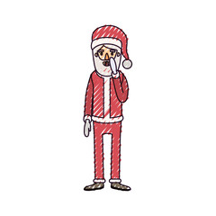 santa claus caricature full body with surprised expression hat and costume on color crayon silhouette on white background