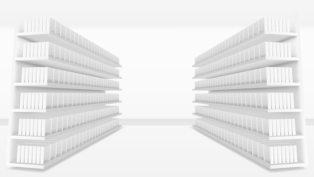 3D Supermarket Aisle With White Blank Full Shelves