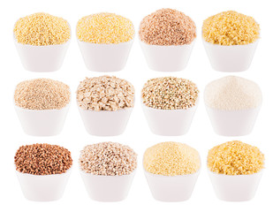 Collection cereals grains in white bowls, closeup, isolated. Template for menu, cover, advertising.