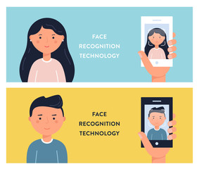 People Faces and Smartphone Screens. Face Recognition Technology Vector Illustation