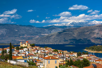 Panoramic view of the bay Kolpos Iteas. Galaxidi, Itea, Delphi, Parnassus Mount. Greece.