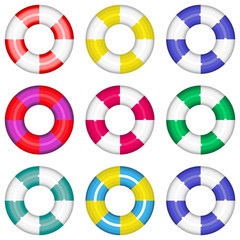 Vector illustration colorful lifebuoy set with stripes life salvation. Isolated on white background.