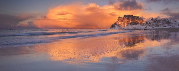 Spectacular light at Uttakleiv beach on the Lofoten, Norway
