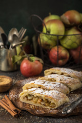 Naklejka na ściany i meble homamade apple strudel, decorated with almond and powdered sugar on rustic background