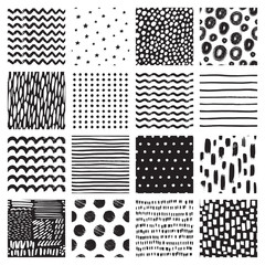 Seamless patterns with hand drawn scribble and spot. Black and white abstract background. Vector texture.