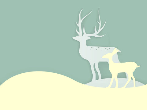 Vector two deer on snow paper cut. Graphic design background for New Year.
