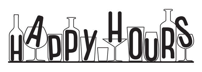 Silhouettes of glasses and bottles happy hours time. Vector black and white composition.