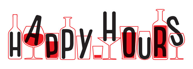 Drinking glass and bottles silhouettes. Vector Illustration of happy hours.