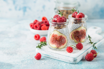 chia seeds pudding with  figs, raspberry and granola