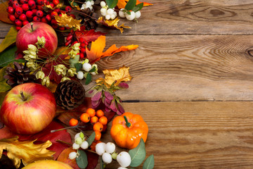 Thanksgiving background with apples, golden maple and oak leaves