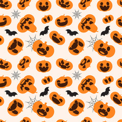 Pattern for Halloween. Seamless pattern with pumpkins, bats and cobwebs. Flat cartoon illustration.