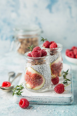 chia seeds pudding with  figs, raspberry and granola