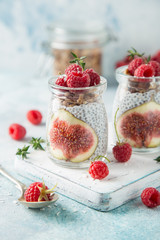 chia seeds pudding with  figs, raspberry and granola