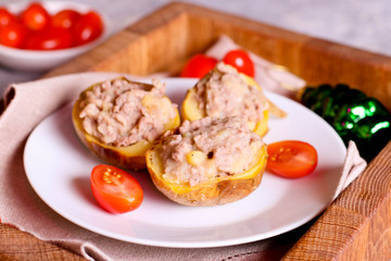 Homemade potato skins with minced meat