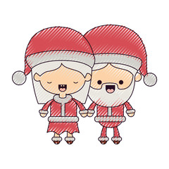 santa claus couple cartoon full body woman eyes closed and man happiness on color crayon silhouette on white background