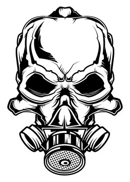 Monochrome illustration of skull at gas mask isolated on white background