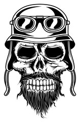 Monochrome illustration of biker's skull isolated on white background