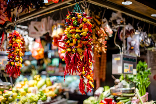 A Bunch Of Hot Peppers On The Market In Spain