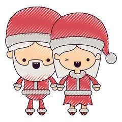 santa claus couple cartoon full body man and woman smiling on color crayon silhouette on white background