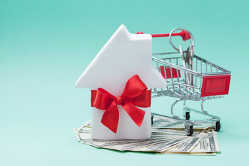 Miniature shopping cart, small white house decorated red bow ribbon, dollars money and keychain on...