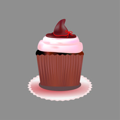 Muffin with witch hat isolated on gray background. Autumn Halloween holiday concept creative illustration. 