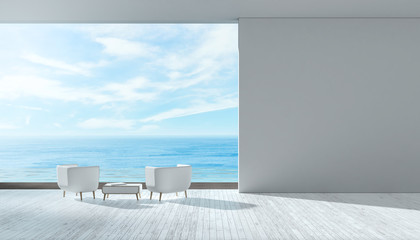 Obraz na płótnie Canvas Modern interior living room with chair pool villa sea view summer 3d rendering