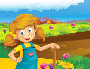Obraz na płótnie Canvas cartoon scene with happy girl working on the farm - standing and smiling / illustration for children