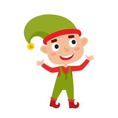 Cute little Christmas boy elf smiling, vector illustration isolated on white