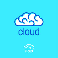 Cloud computing logo. Blue cloud emblems. Linear logo. Communication or network icon.