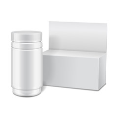 Vector template of white plastic bottle with screw cap and cartoon box for medicine, pills, tabs. Packaging mock up illustration