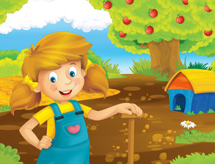 cartoon scene with happy girl working on the farm - standing and smiling / illustration for children