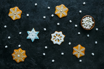 gingerbread snowflakes and marshmallows