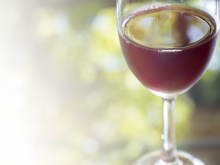 a glass of red wine placed on a glass table reflecting green trees.