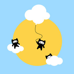 Funny cute kawaii illustration of three ninja cats hiding in clouds over a bright yellow Sun and a blue clear sky. Cats are always playing our minds with new tricks, but they are lovely and amazing.
