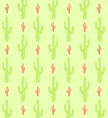 Green and red cactus pattern. Cool hipster and kawaii pattern of cactus in red and green over a greenish and yellow background.
