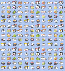 Happy kawaii sushi pattern. Pattern made by sushi, wasabi and miso soup in a kawaii style. All cute, childish and minimalist.