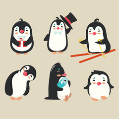 Collection of cartoon penguin.
