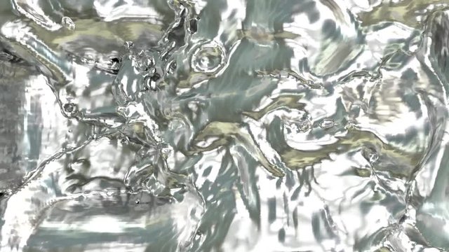Animated river of silvery paint or melted silver pouring and splashing quickly filling up whole container against green background. Top view shot.