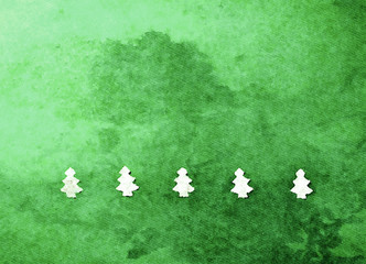 Christmas illustration background, five pine tree, watercolor style