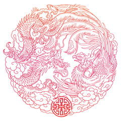 oriental dragon and phoenix outline © satoriartworkco
