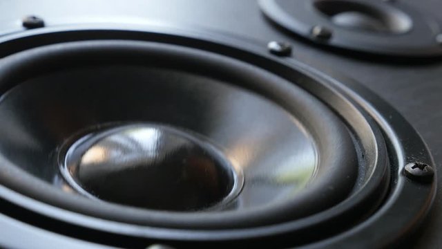 Close-up of low frequencies playing on acoustic diaphragm - Bass speaker membrane vibration